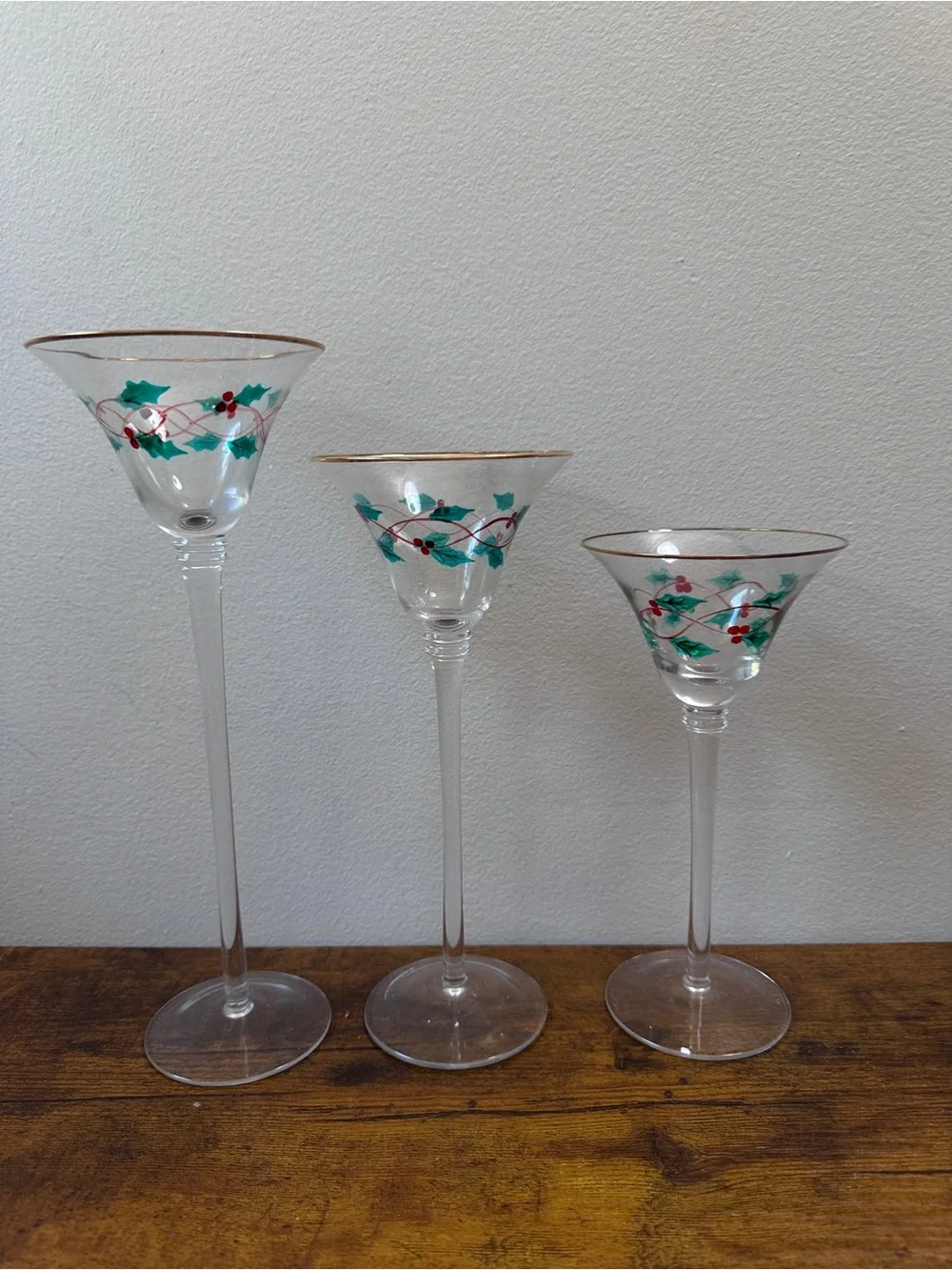 Trim A‎ Home Christmas Glass Voti­ve Candle Holders Tartan Ribbon Holly Set of 3